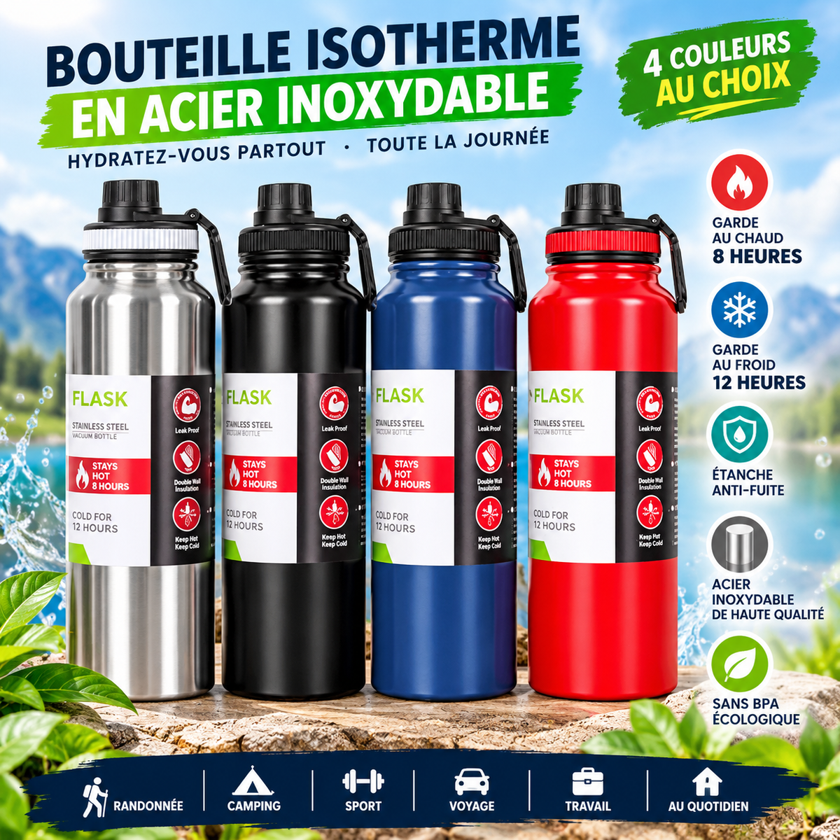 Bouteilles en gris, noir, bleu et rouge, quatre couleurs au choix, vendues à l’unité.